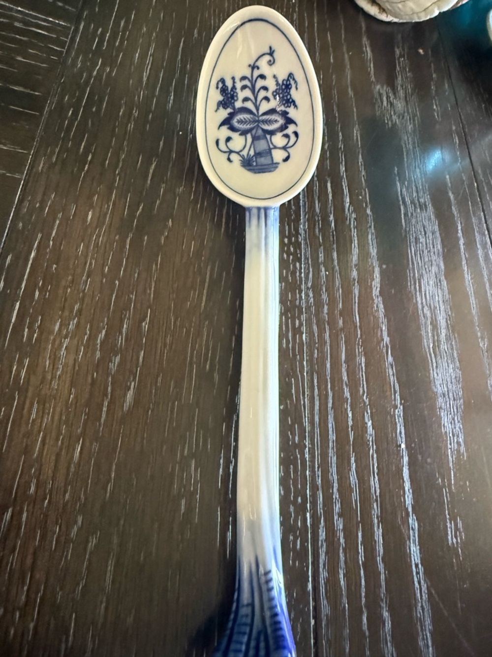 Blue and White Ceramic Serving Spoon with Floral Motif